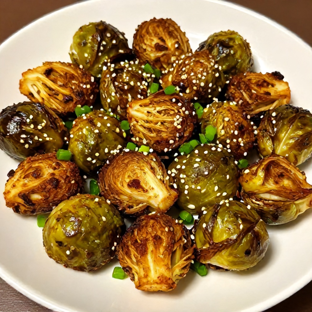 Plated serving of Crispy Air Fryer Brussels Sprouts