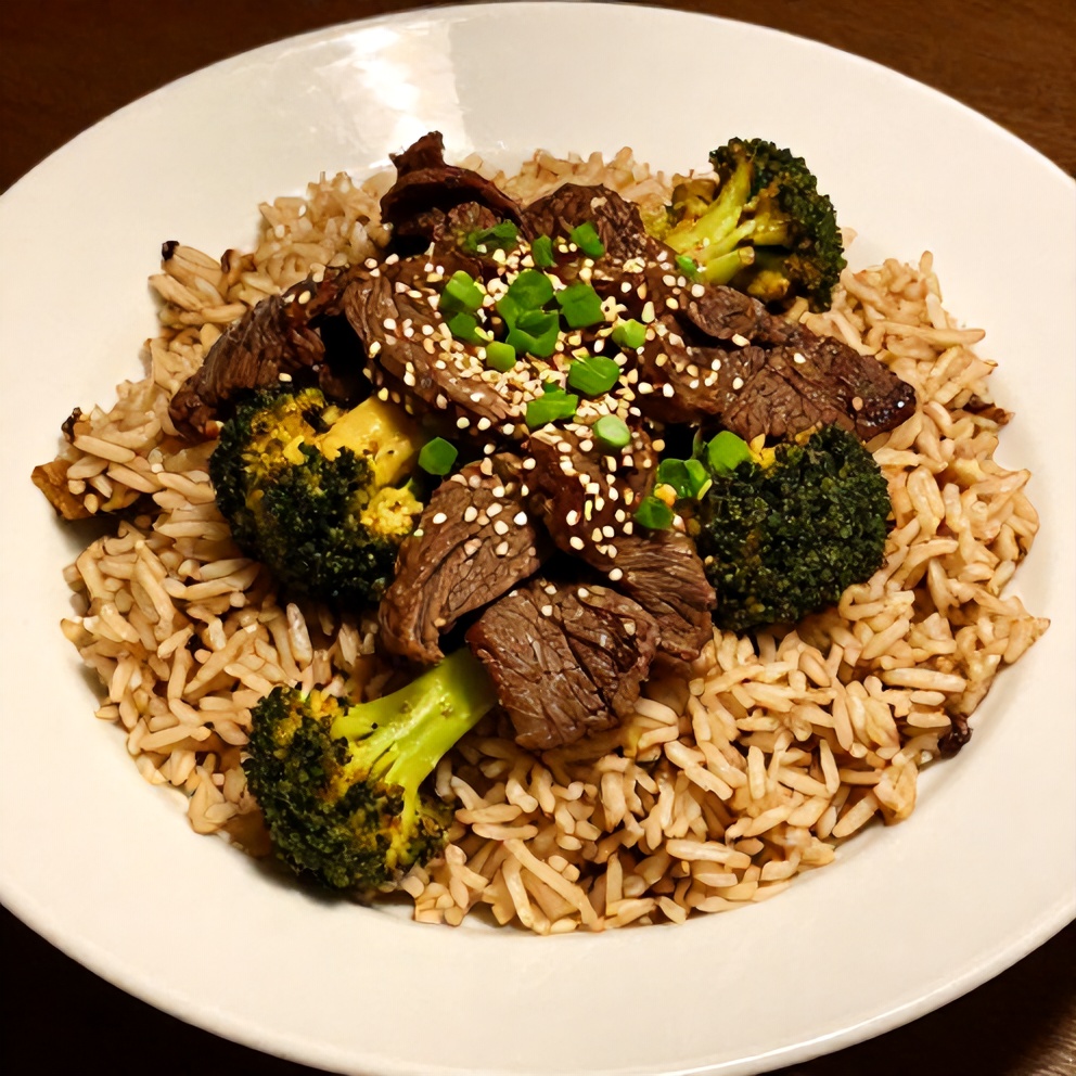 One perfect plated serving of Beef and Broccoli Rice Bowls on a white plate, garnished with sesame seeds and green onions, with warm side lighting highlighting the texture.