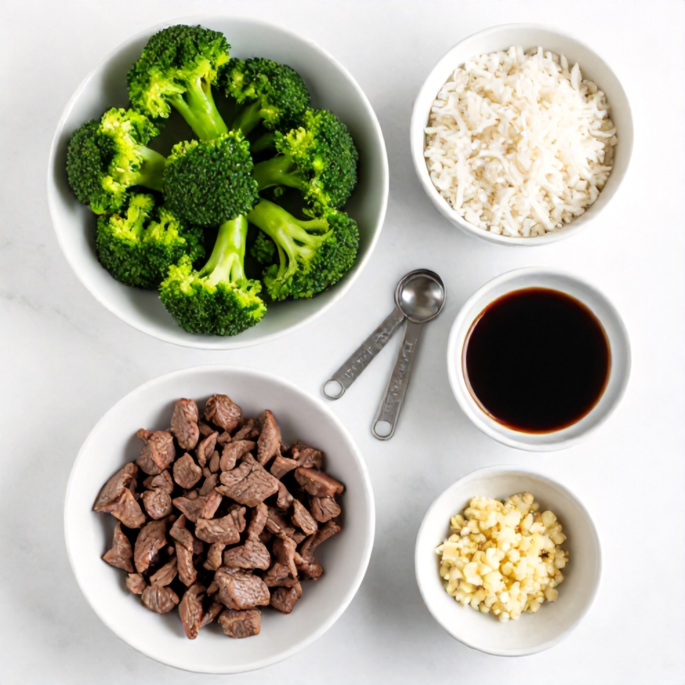 Overhead flat lay of beef, broccoli, rice, soy sauce, and minced garlic, with prep bowls and measuring spoons on a white marble surface.