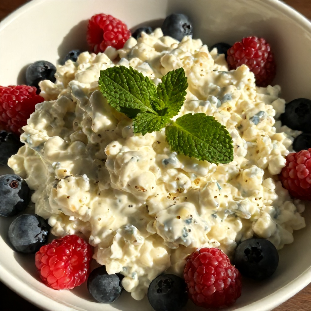 Plated berry cottage cheese bowl with a sprinkle of fresh mint