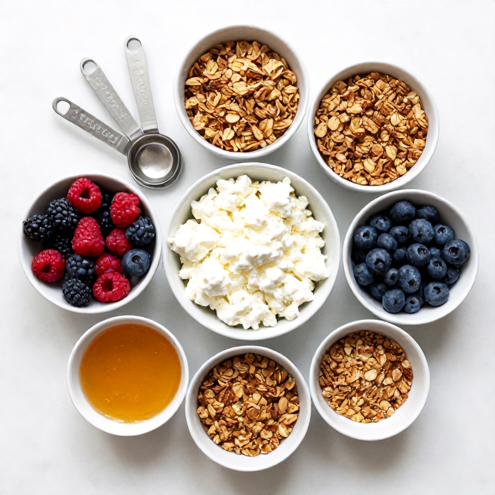 Raw ingredients for berry cottage cheese bowl including cottage cheese, mixed berries, honey, and granola