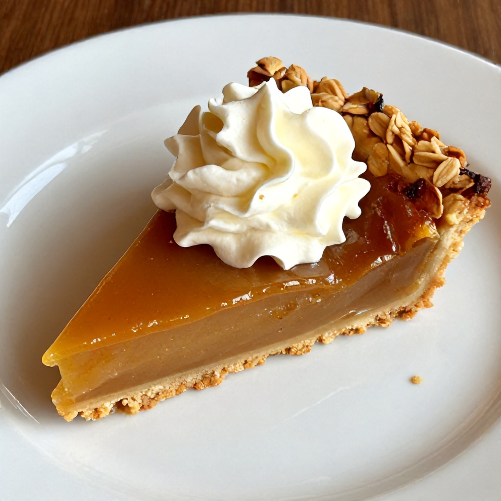 Sliced burnt honey pie on a white plate with a fork