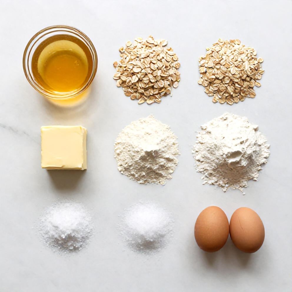 Raw ingredients for burnt honey pie with flaky oat crust on a white marble surface
