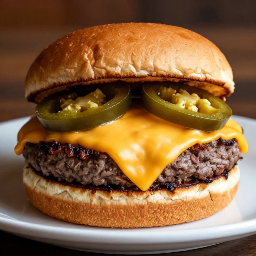 Plated Cheddar Jalapeño Burger with melted cheese and jalapeño slices
