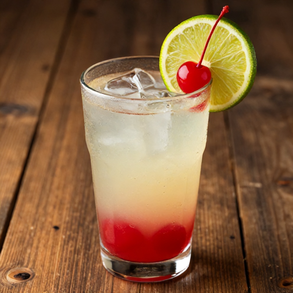 A glass of cherry limeade garnished with a lime wheel and maraschino cherry on a rustic wooden table