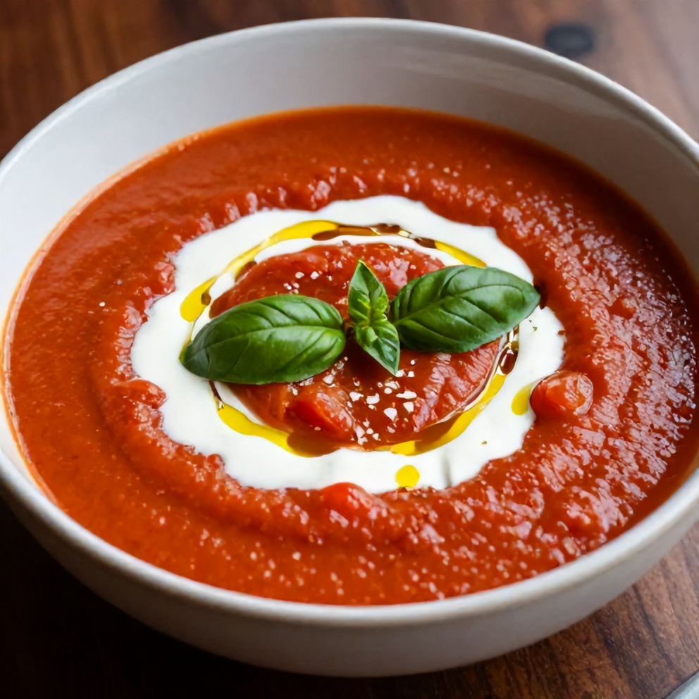 Chilled Roasted Tomato Basil Soup with Coconut Cream and Fresh Basil