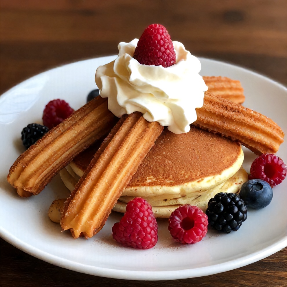 Plated cinnamon sugar churro pancakes with whipped cream and fresh berries