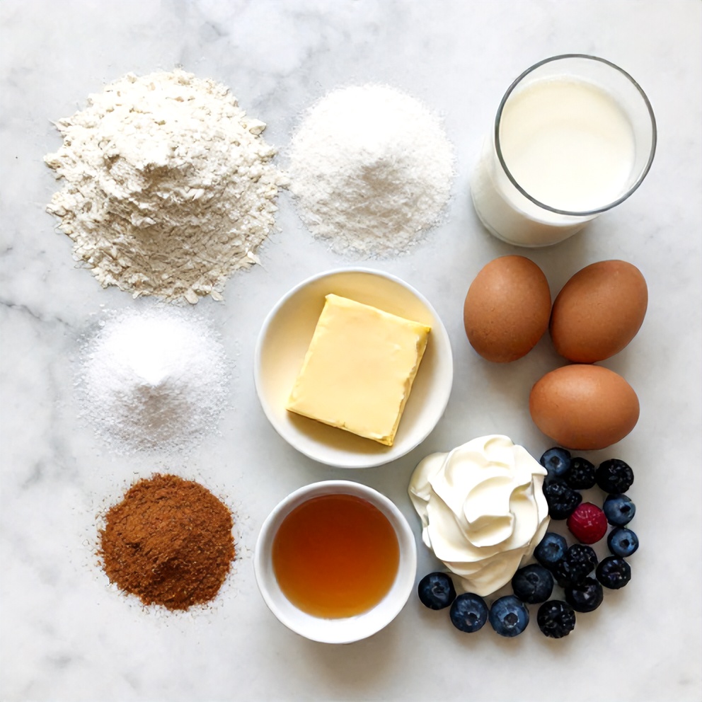 Raw ingredients for cinnamon sugar churro pancakes on a marble surface