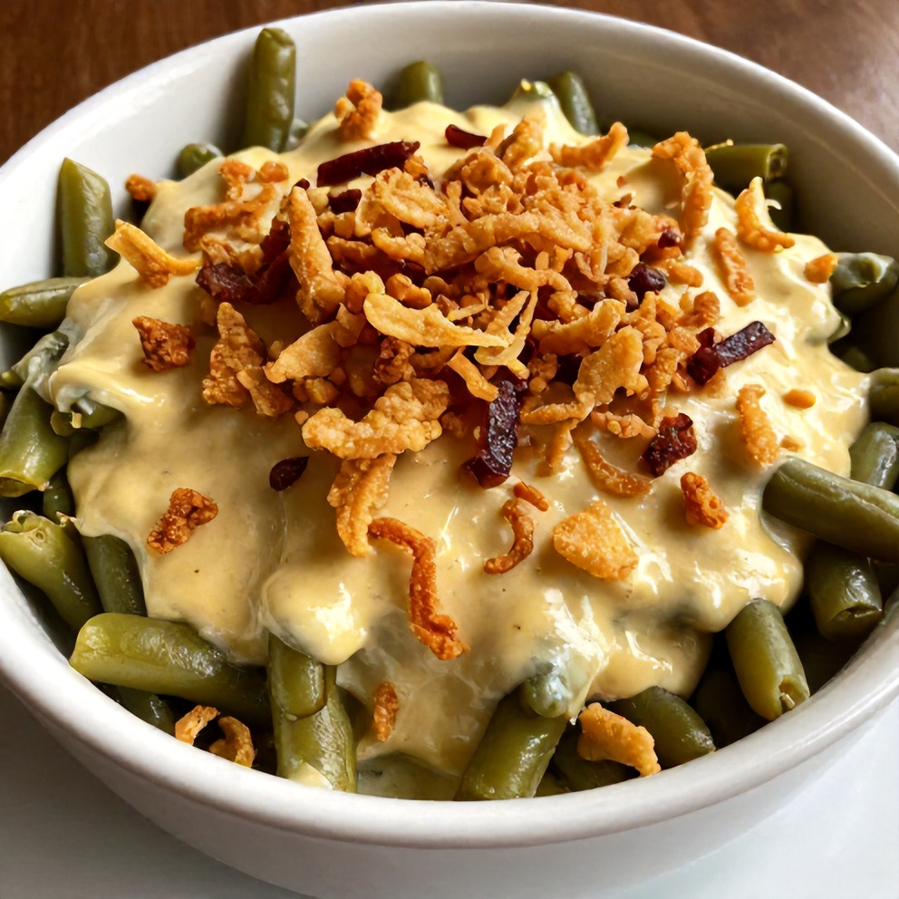 Green bean casserole served in a baking dish