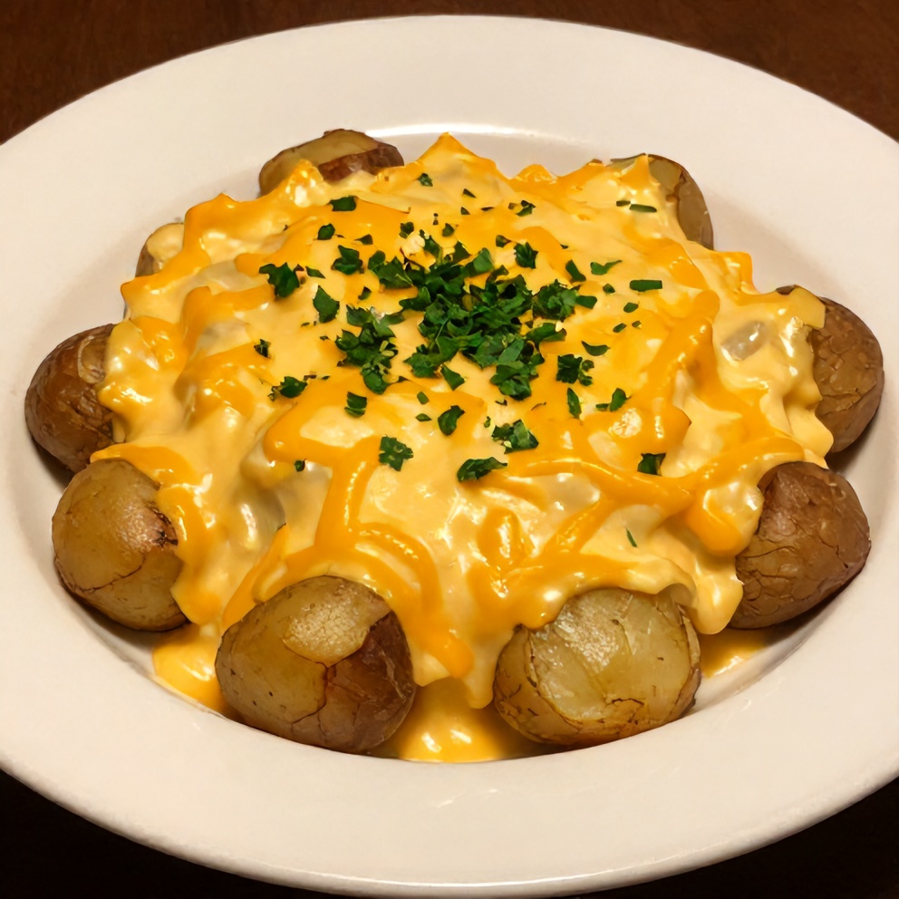 Plated serving of creamy scalloped potatoes with cheddar cheese