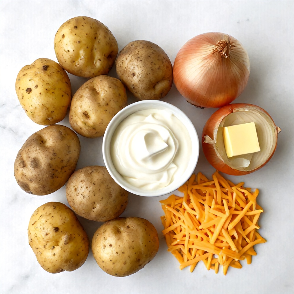 Raw ingredients for classic scalloped potatoes including potatoes, onions, butter, heavy cream, and cheddar cheese