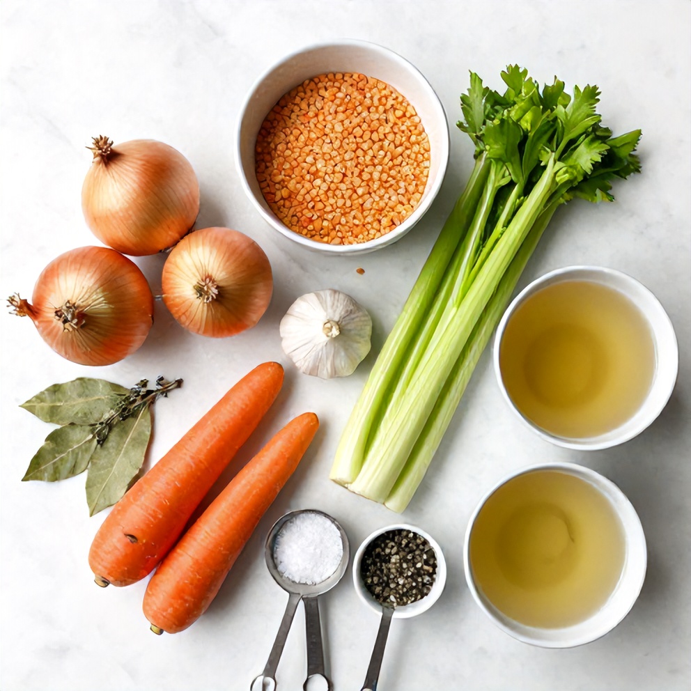 Split Pea Soup Ingredients on a white marble counter