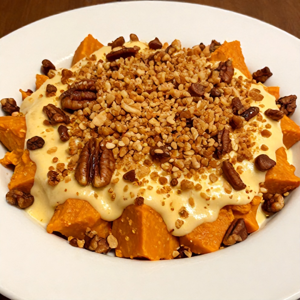 Plated Classic Sweet Potato Casserole with Crunchy Pecan Topping