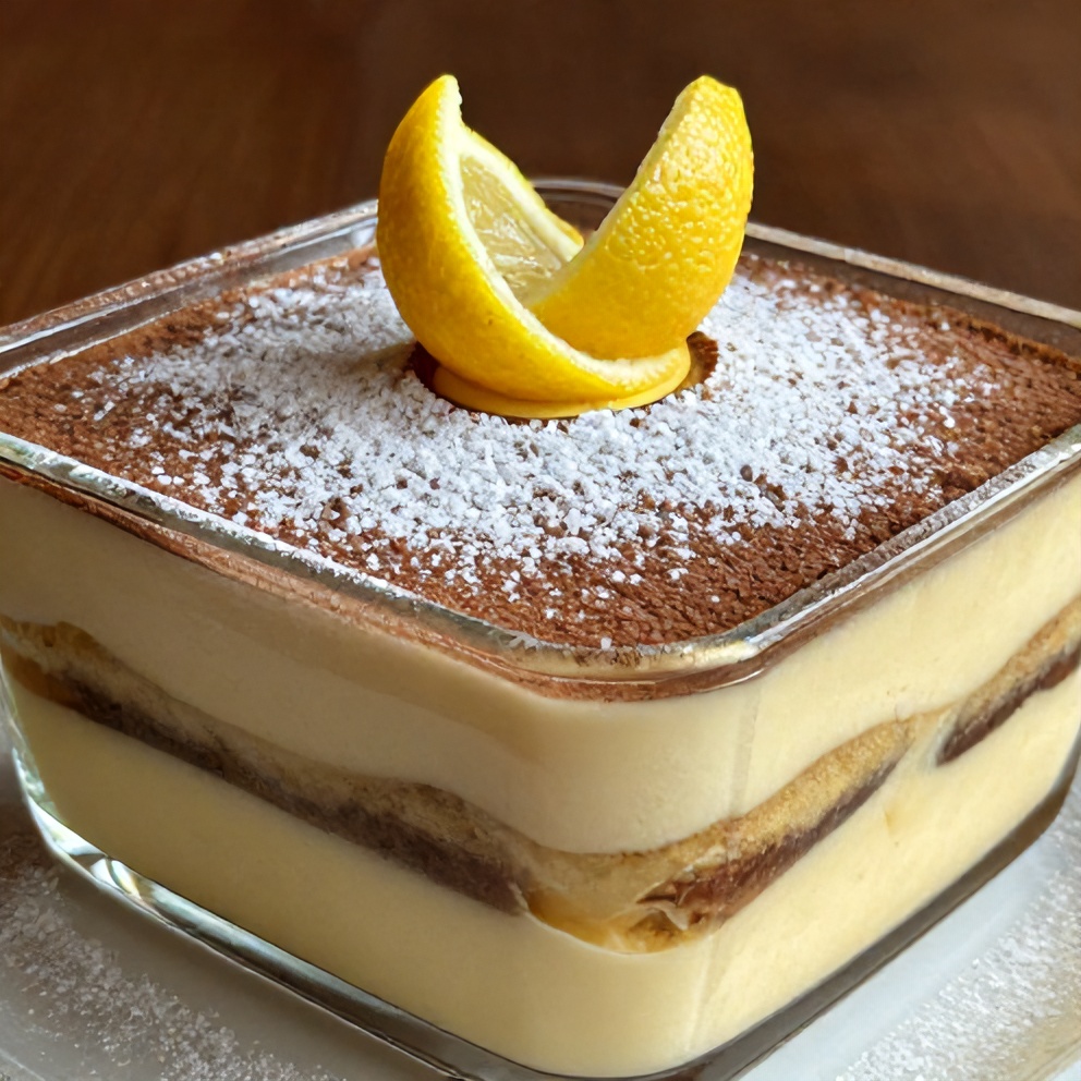 Lemon Tiramisu in a glass dish, served with a lemon twist garnish, showing creamy layers and a dusting of powdered sugar