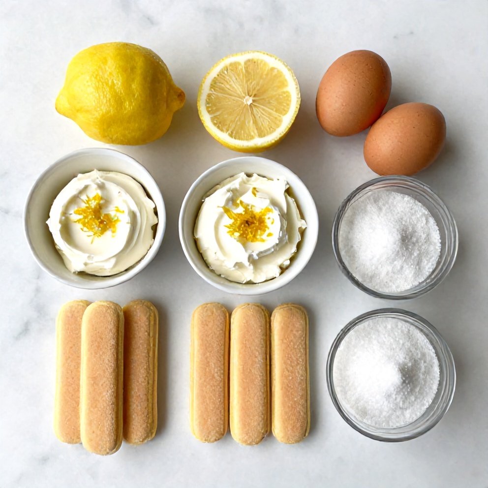Ingredients for Lemon Tiramisu including ladyfingers, mascarpone cheese, lemon zest, eggs, sugar, and rum laid out on a white marble countertop