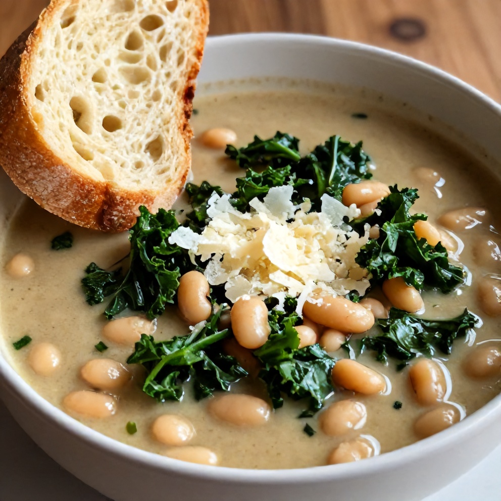 Bowl of White Bean and Kale Soup with crusty bread