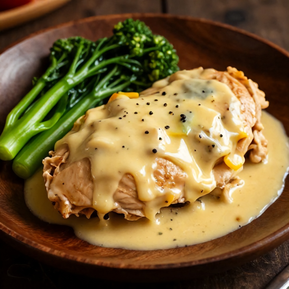 Plated serving of Creamy Baked Lemon Butter Chicken