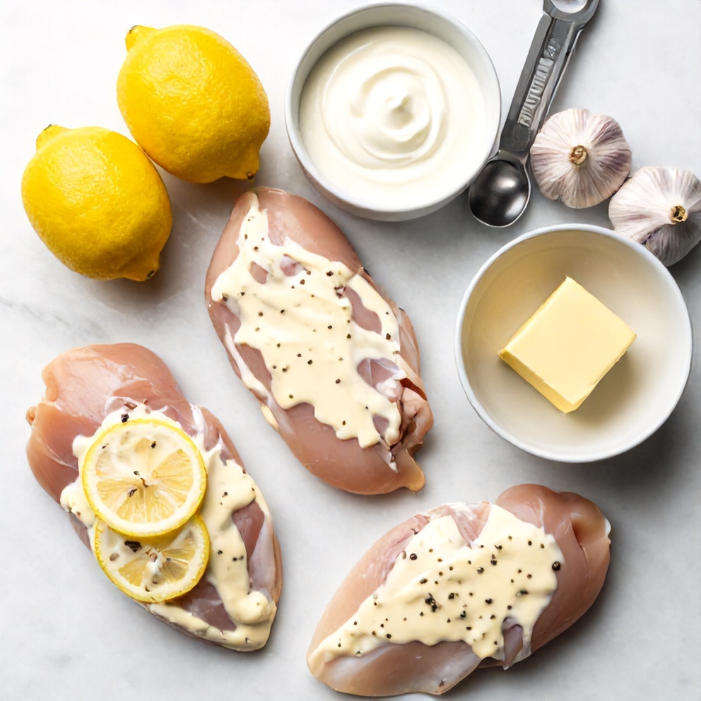 Raw ingredients for Creamy Baked Lemon Butter Chicken