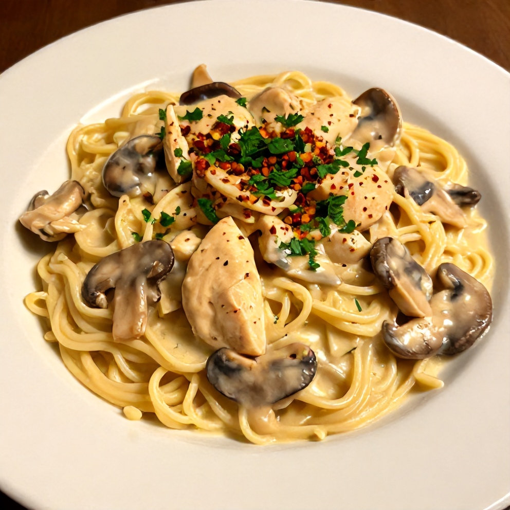 Plated Creamy Chicken Stroganoff with Mushrooms and Egg Noodles