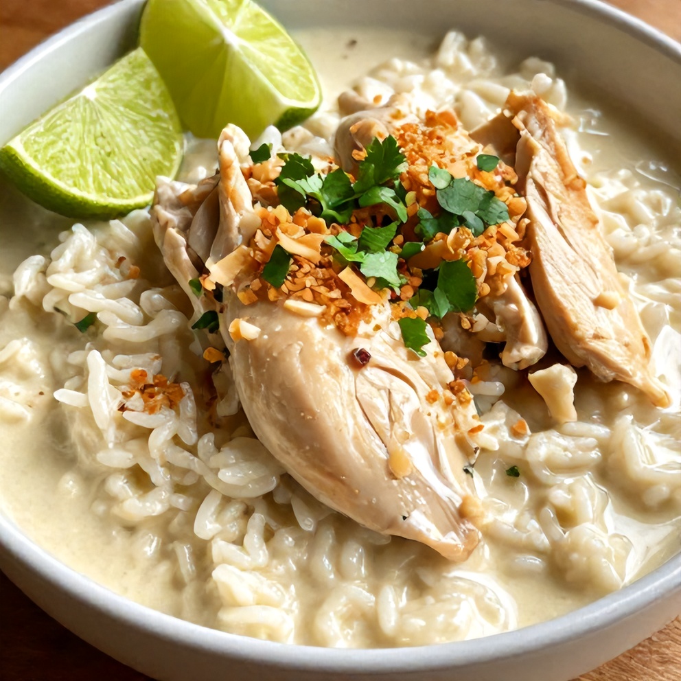 Served Creamy Coconut Chicken Brothy Rice