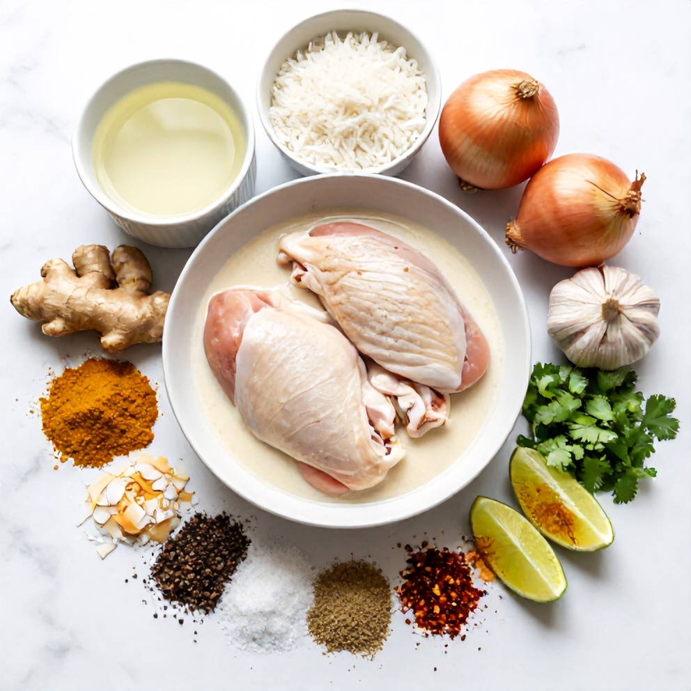 Raw ingredients for Creamy Coconut Chicken Brothy Rice