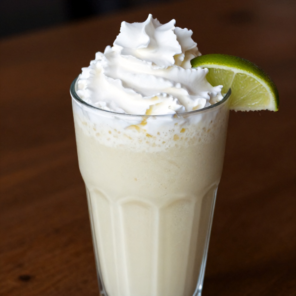 Coconut Key Lime Pie Smoothie garnished with whipped cream and lime wedge