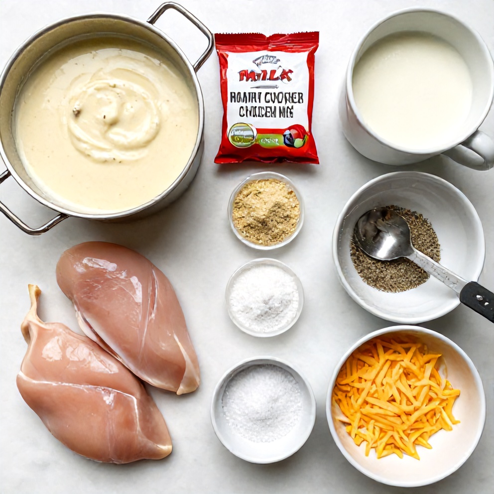 Raw ingredients for Creamy Crockpot Marry Me Chicken
