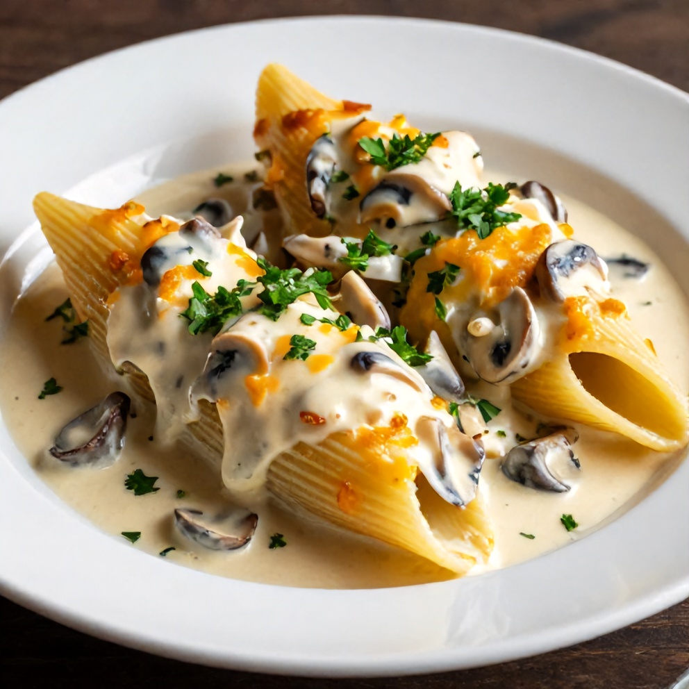 Plated Creamy Garlic Mushroom Stuffed Shells