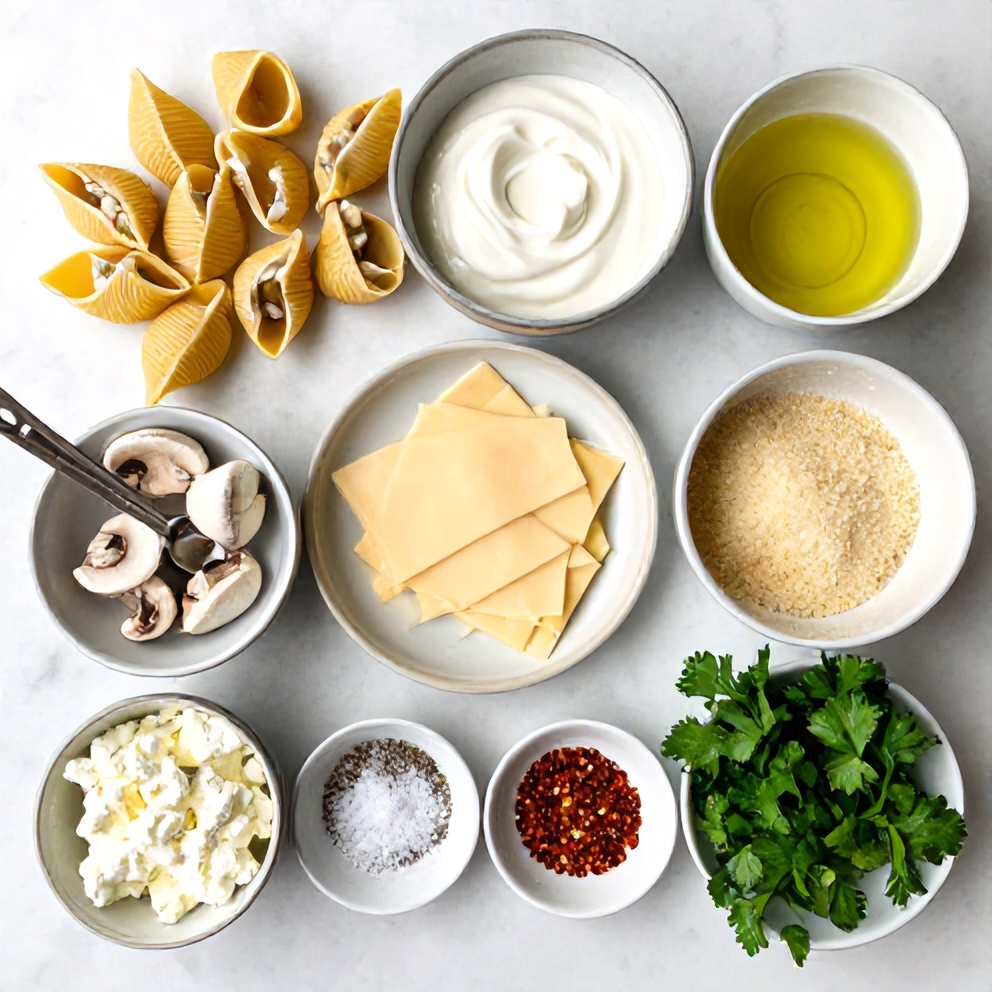 Raw ingredients for Creamy Garlic Mushroom Stuffed Shells