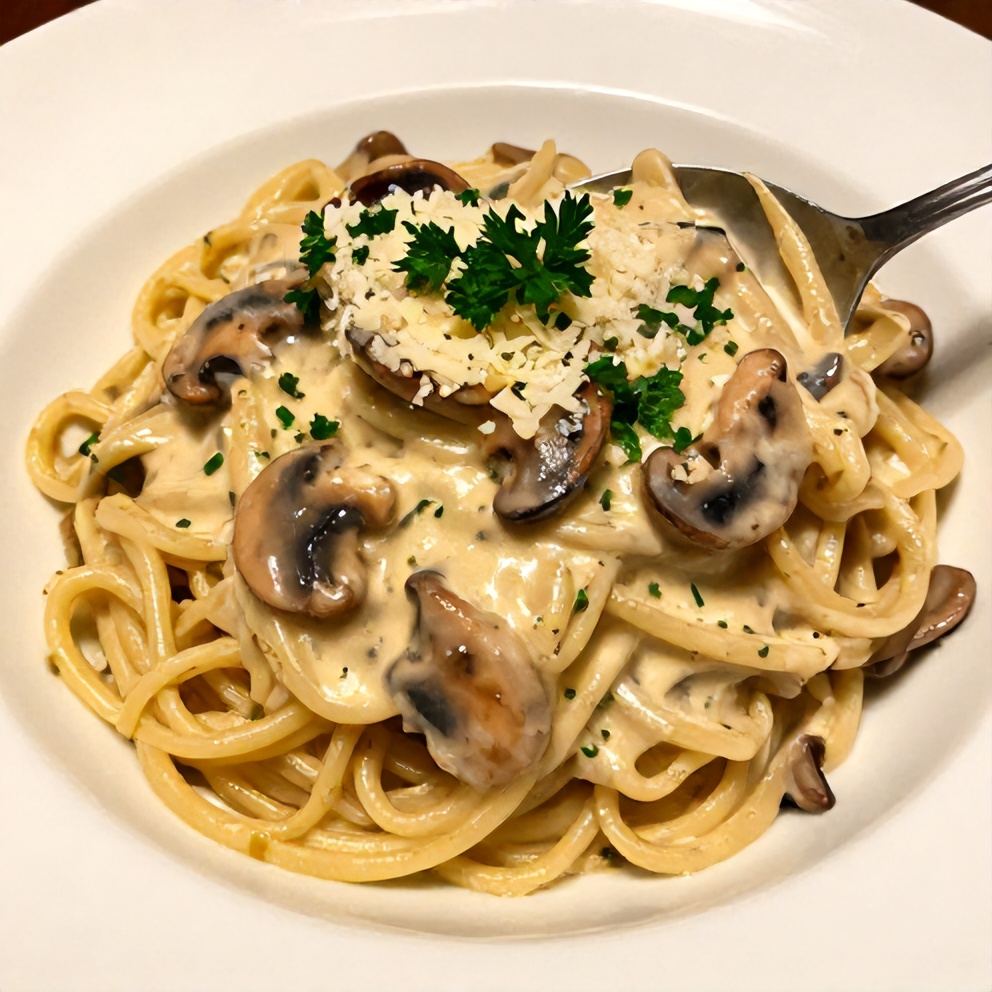 Plated Creamy Gorgonzola Truffle Mushroom Sauce for Pasta