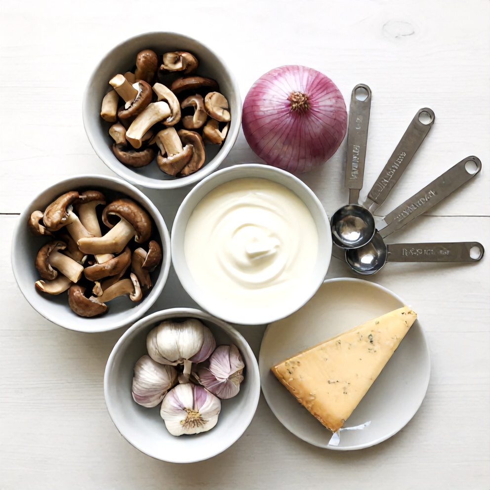 Raw ingredients for Creamy Gorgonzola Truffle Mushroom Sauce for Pasta