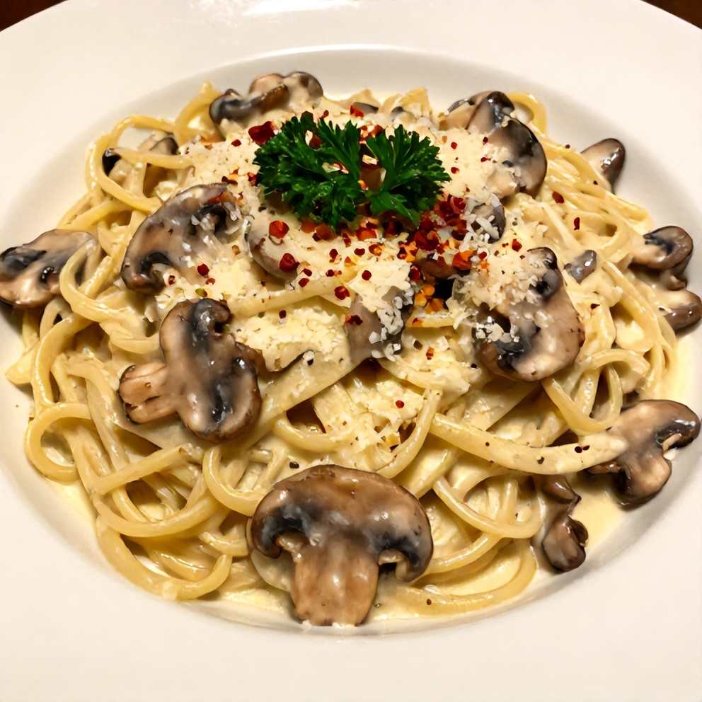 Plated serving of creamy Italian mushroom carbonara