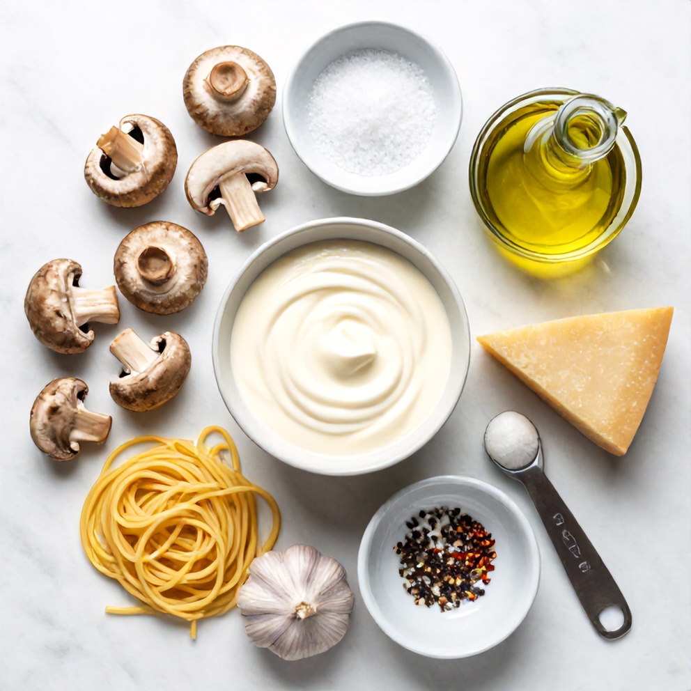 Raw ingredients for creamy Italian mushroom carbonara