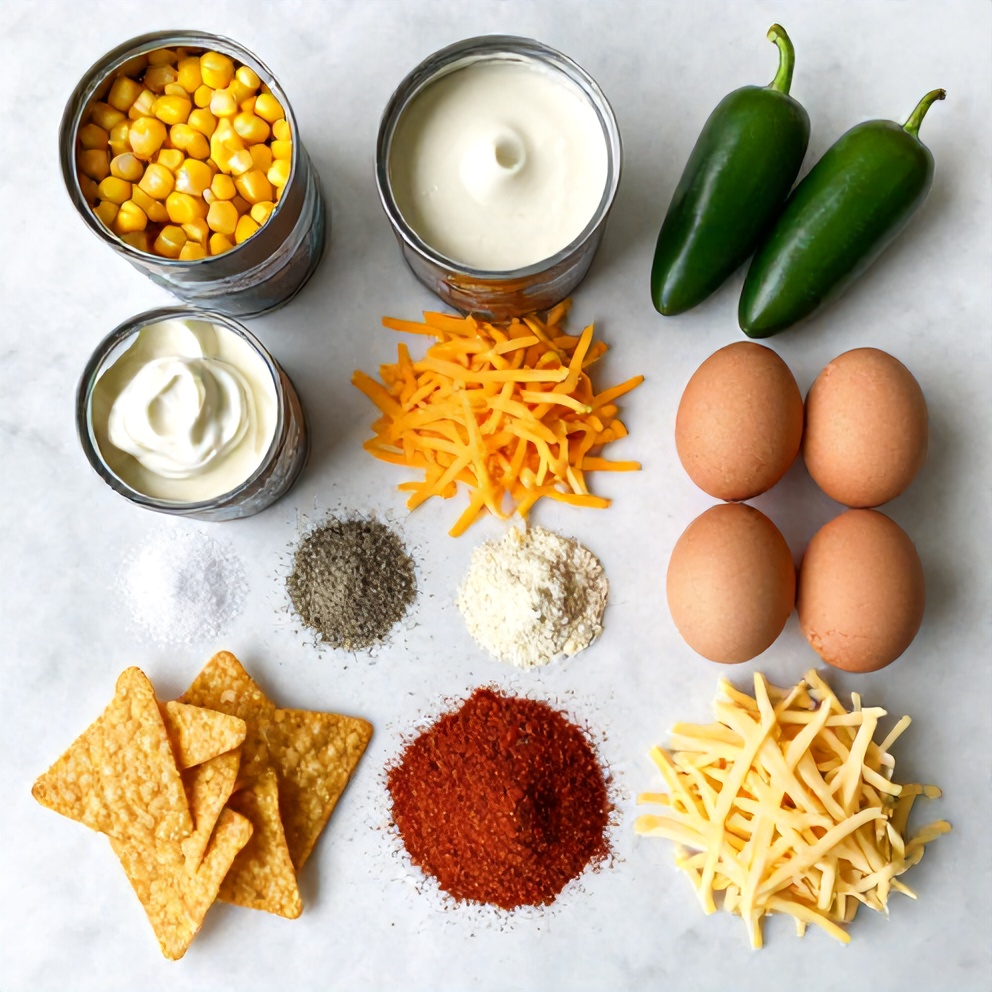 Raw ingredients for Jalapeño Popper Corn Casserole arranged in a flat lay
