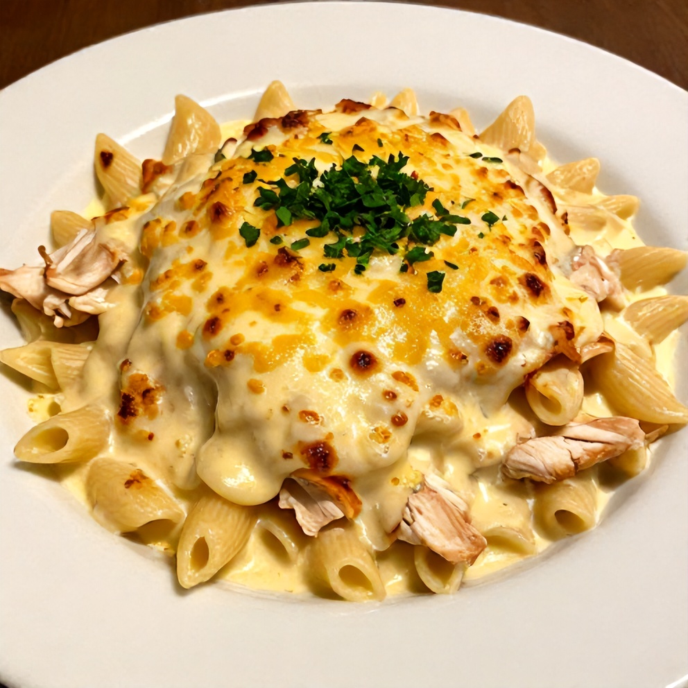 Plated Creamy Lemon Chicken Pasta Bake