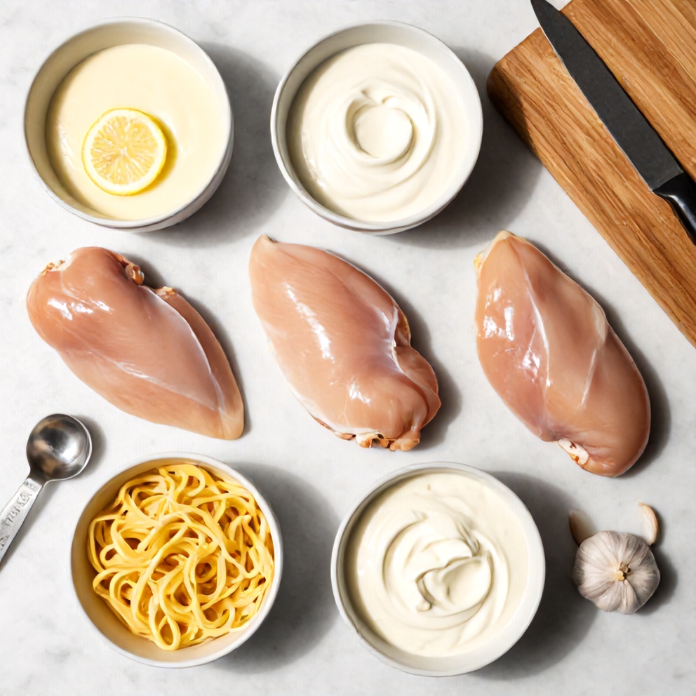Raw ingredients for Creamy Lemon Chicken Pasta Bake