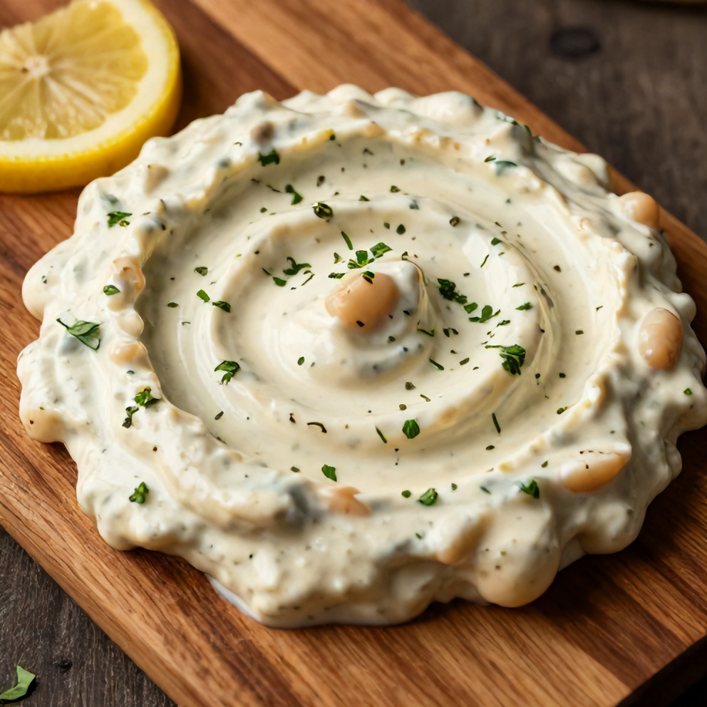 One perfect serving of Creamy Lemon Herb White Bean Dip plated on a rustic wooden board, garnished with fresh herbs. Close crop, food fills 90% of frame, warm side lighting highlighting the creamy texture. Photorealistic food photography.
