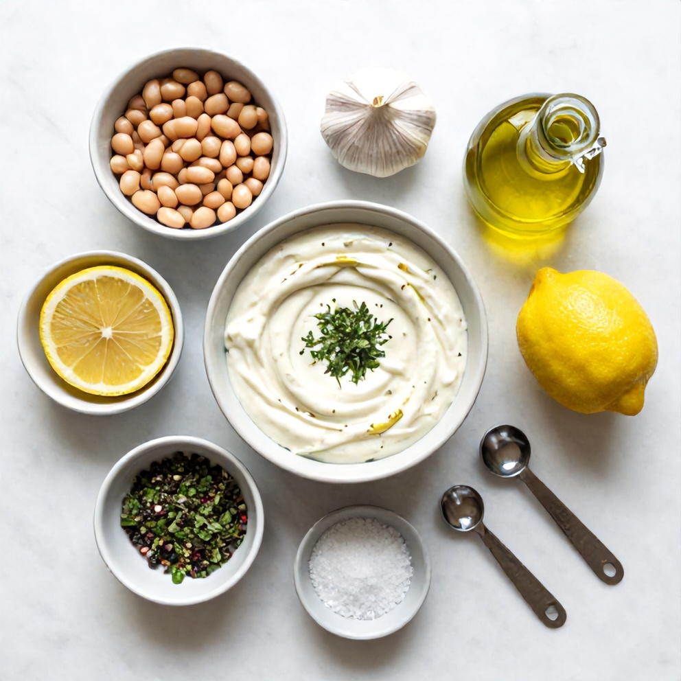 Raw ingredients for Creamy Lemon Herb White Bean Dip arranged as an overhead flat lay: canned white beans, garlic, lemon, olive oil, salt, pepper, fresh herbs. Small prep bowls, measuring spoons, and measuring cups visible. White marble surface, bright even natural light.