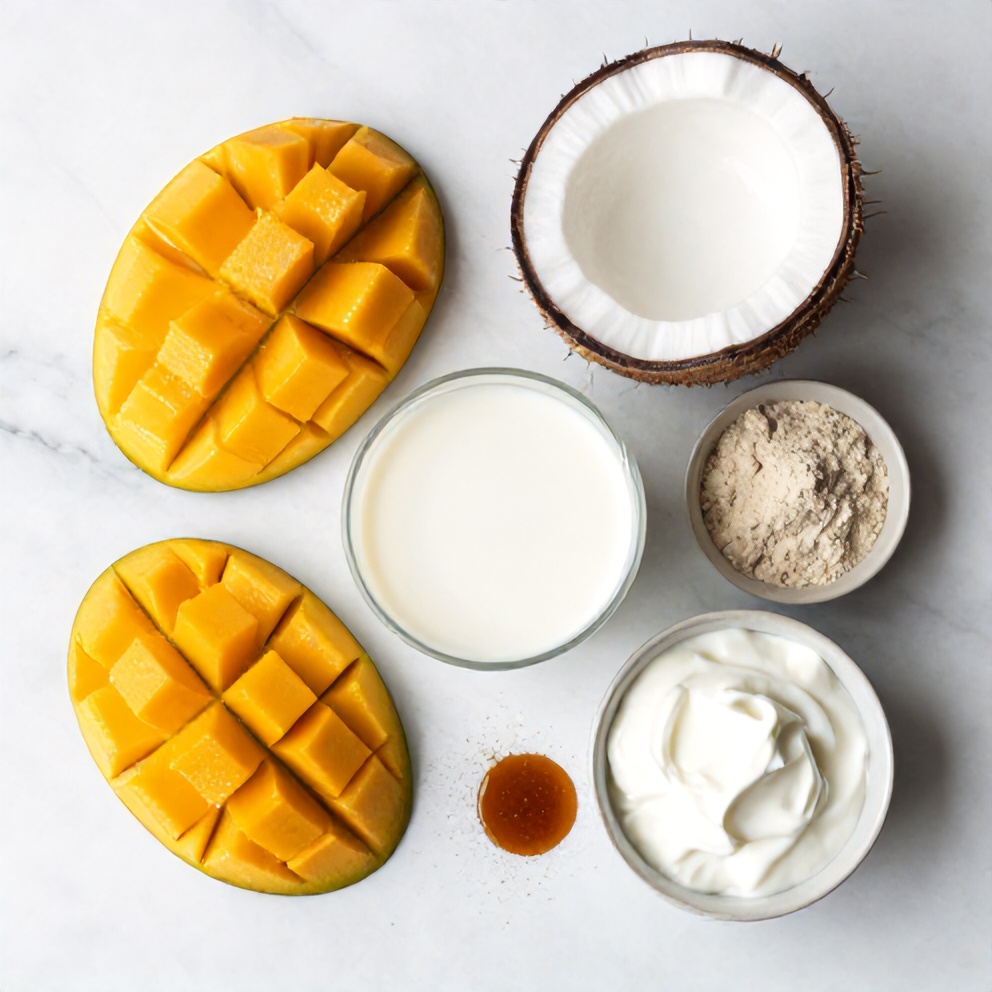 Ingredients for Mango Coconut Protein Shake laid out