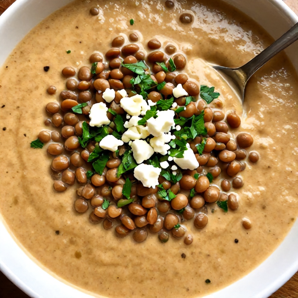 Bowl of Creamy Moroccan Harissa Lentil Soup with a spoon