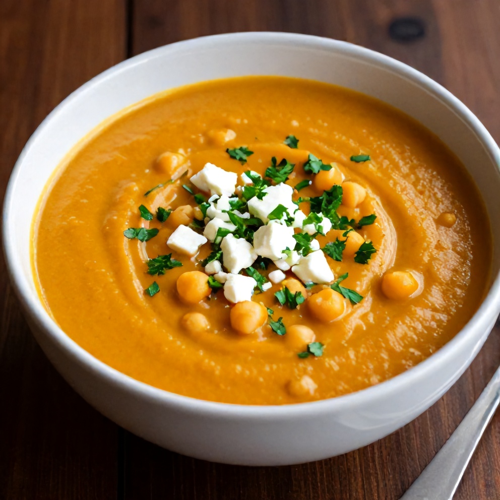 Bowl of Creamy Moroccan Sweet Potato Soup with Chickpeas