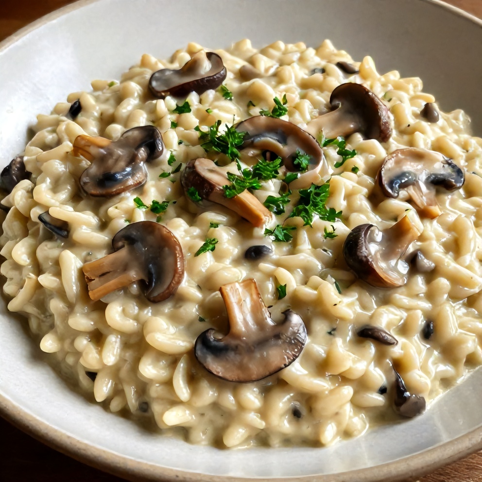 Plated creamy mushroom risotto with parsley garnish