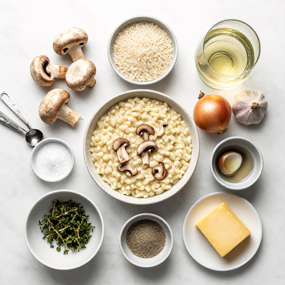 Raw ingredients for creamy mushroom risotto on a marble surface