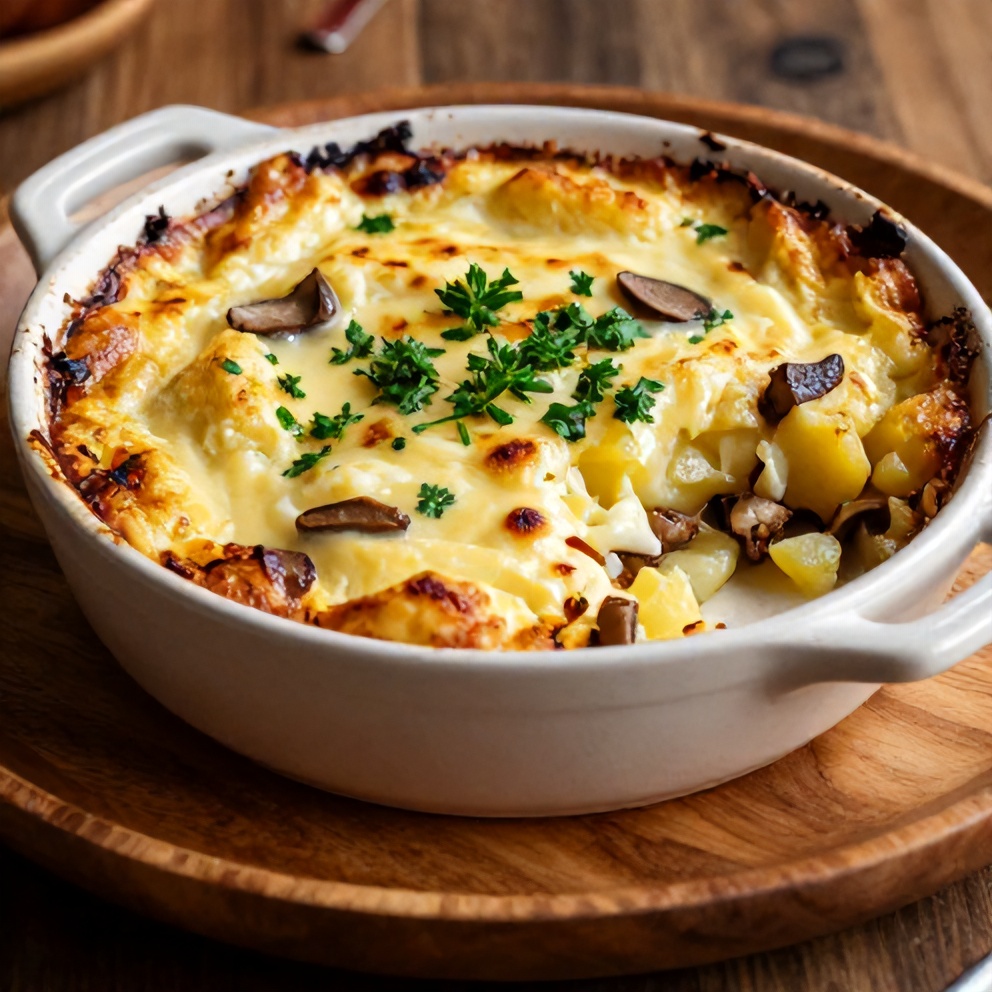Plated serving of Creamy Pancetta and Porcini Potato Gratin