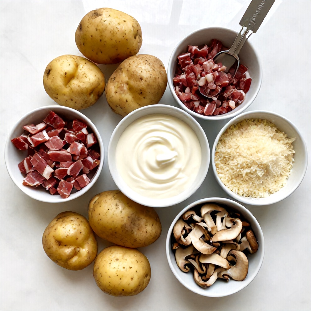 Raw ingredients for Pancetta and Porcini Potato Gratin