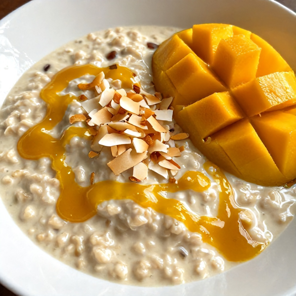 Creamy Pandan Coconut Overnight Oats with Mango Drizzle