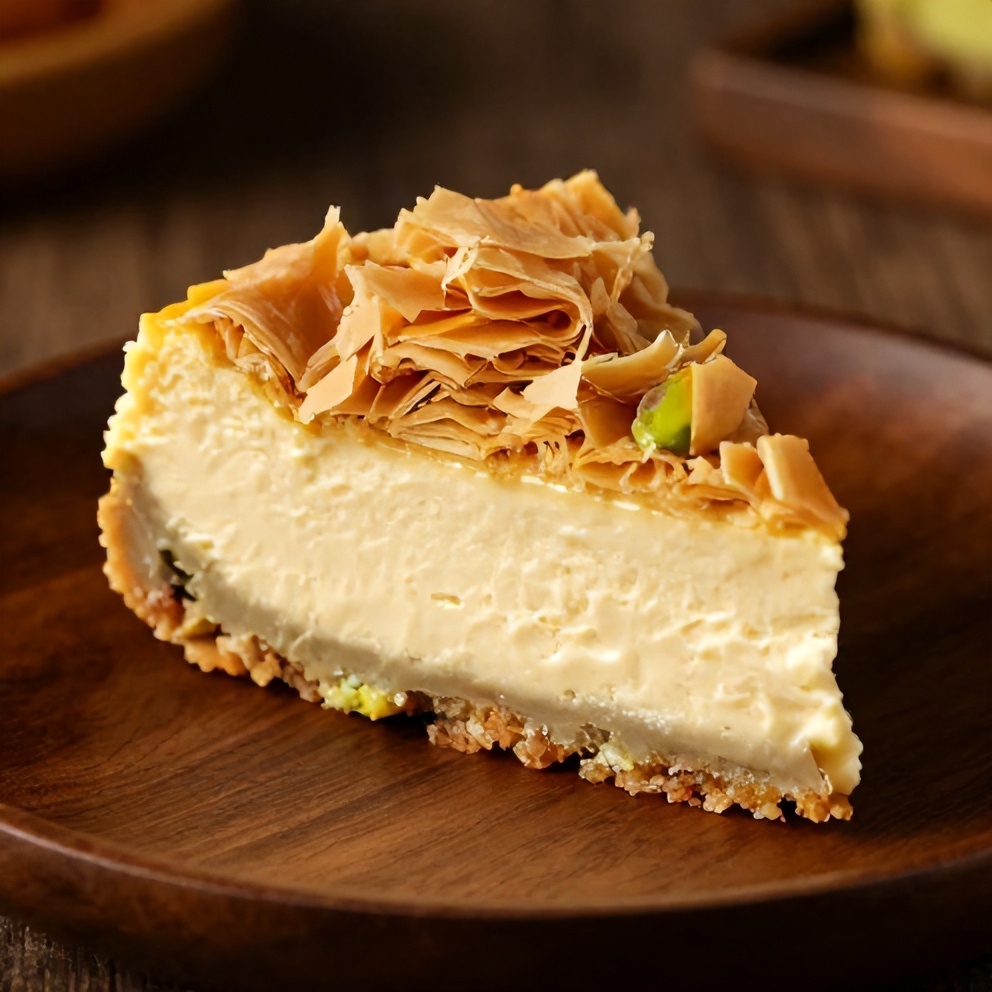 Perfectly sliced creamy pistachio baklava cheesecake on a plate