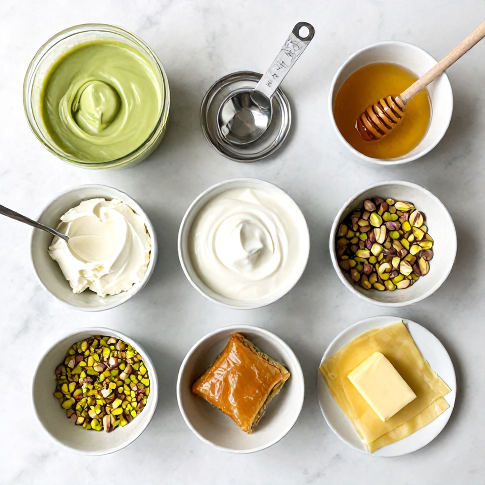 Raw ingredients for creamy pistachio baklava cheesecake