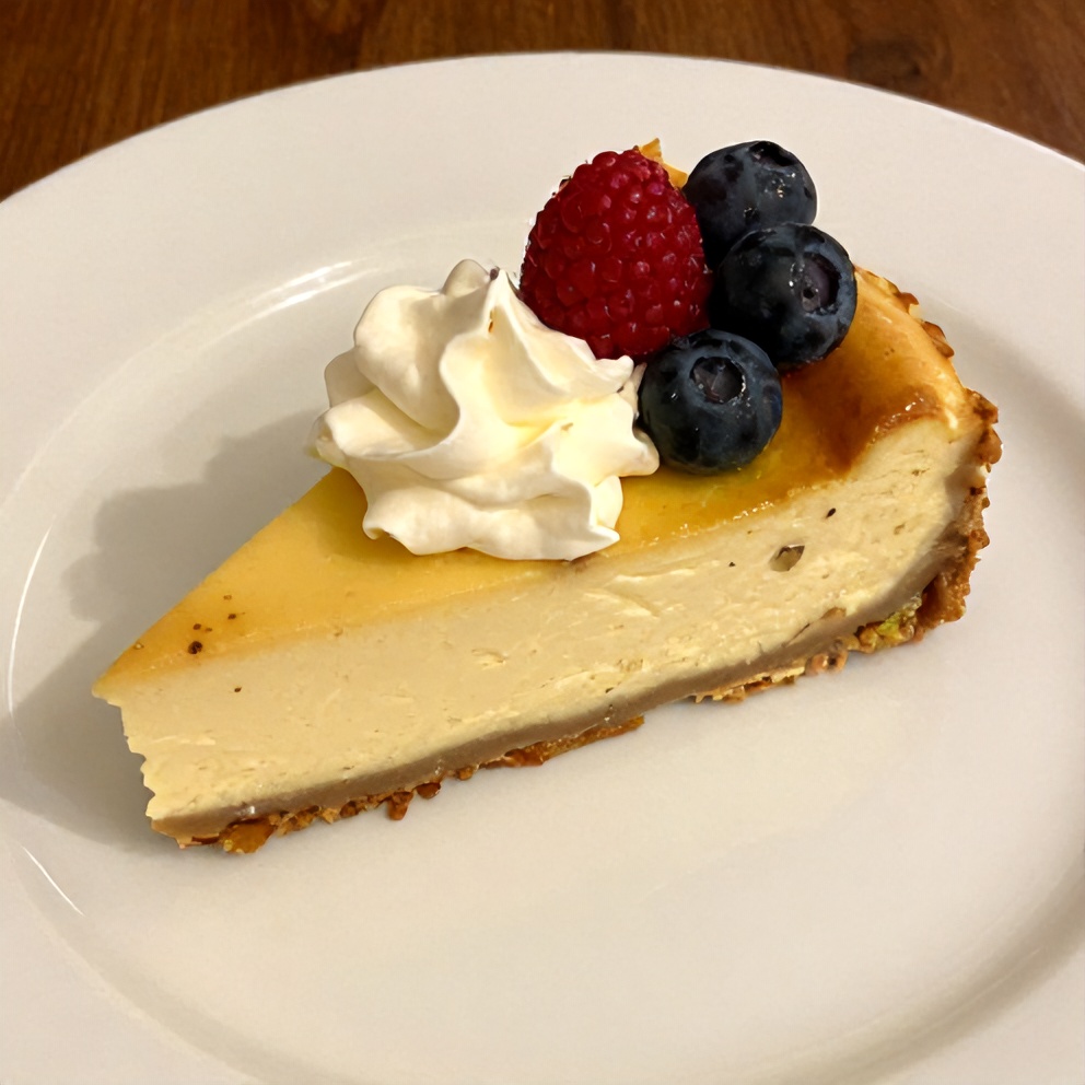 Pistachio Cheesecake with Whipped Cream and Berries
