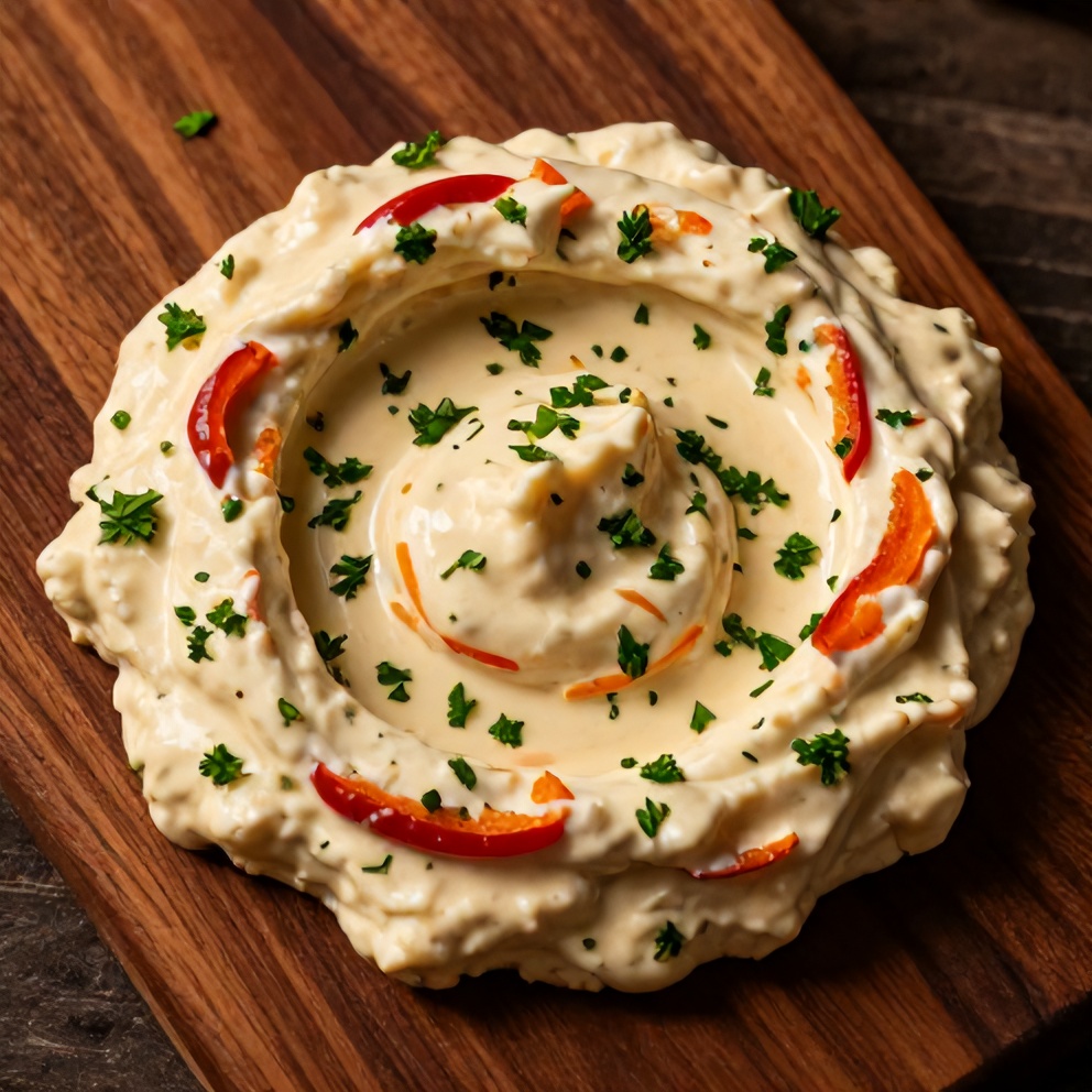 One perfect serving of Creamy Roasted Red Pepper and Garlic Dip plated on a dark wooden board, garnished with chopped fresh parsley, close crop, warm side lighting showing creamy texture, photorealistic food photography